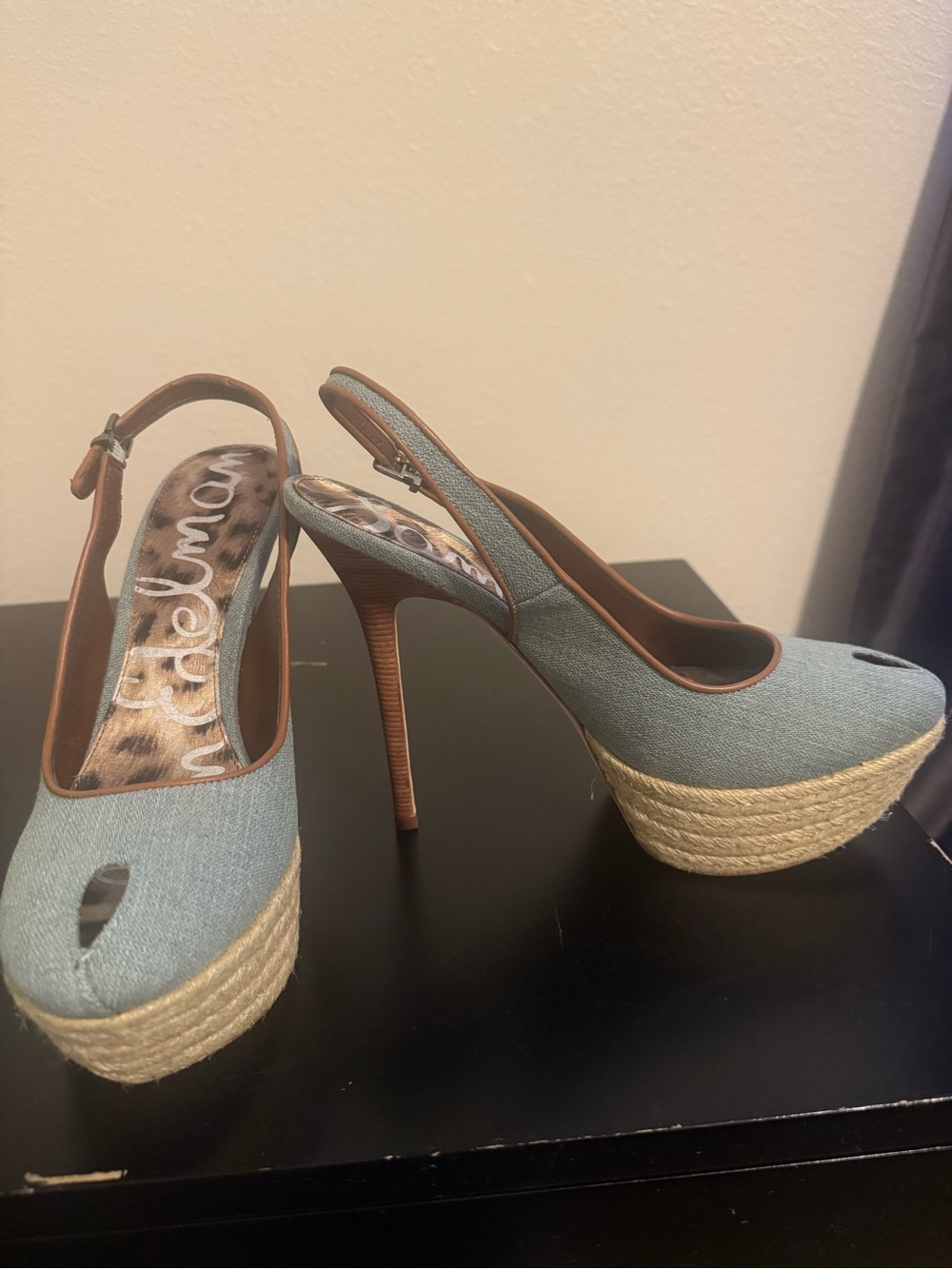 Sam Edelman Novato Light Blue Denim Slingback Platforms
